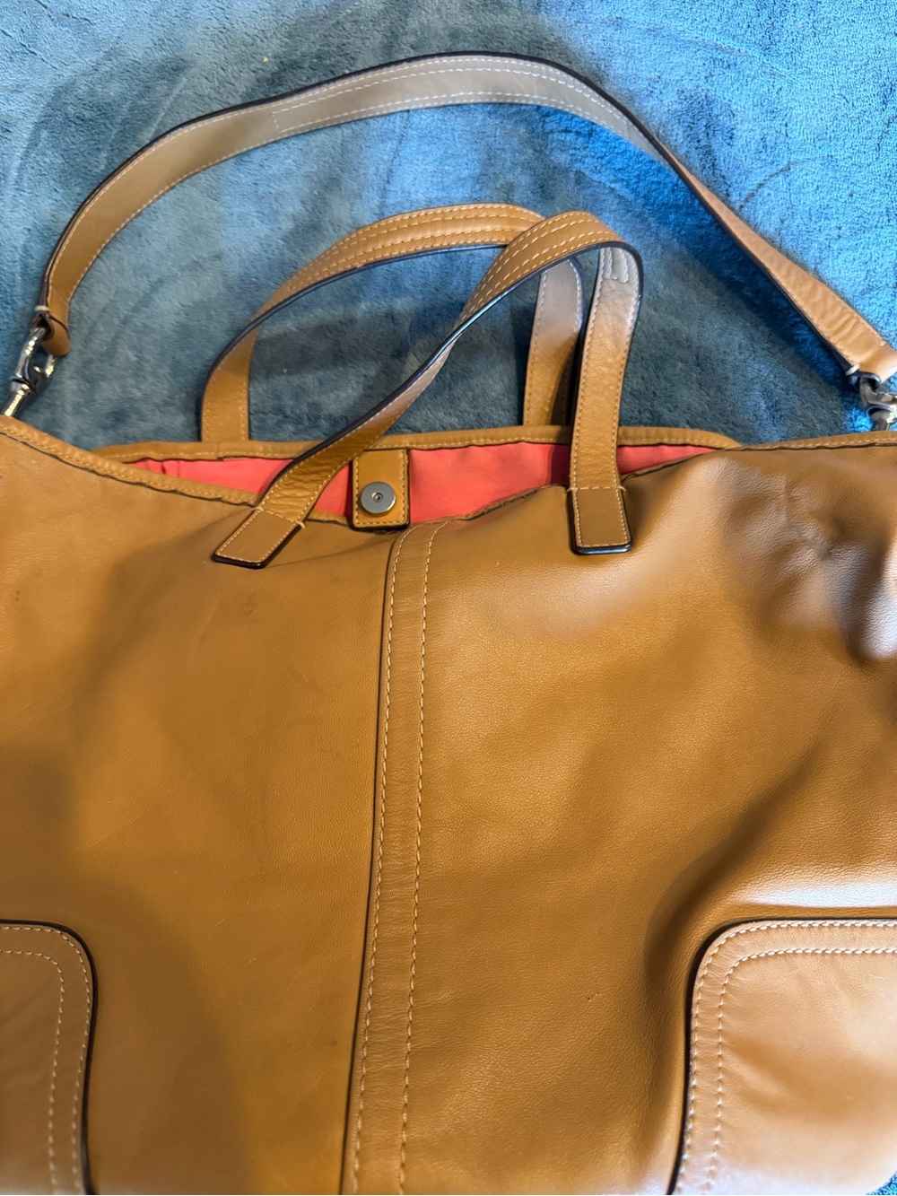 Coach Tan Leather Shoulder Bag with Pink Interior